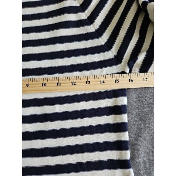 Eliza J Dress M Navy White Striped SS Bodycon Reverse Knit Midi Stretch Nautical - Picture 3 of 13